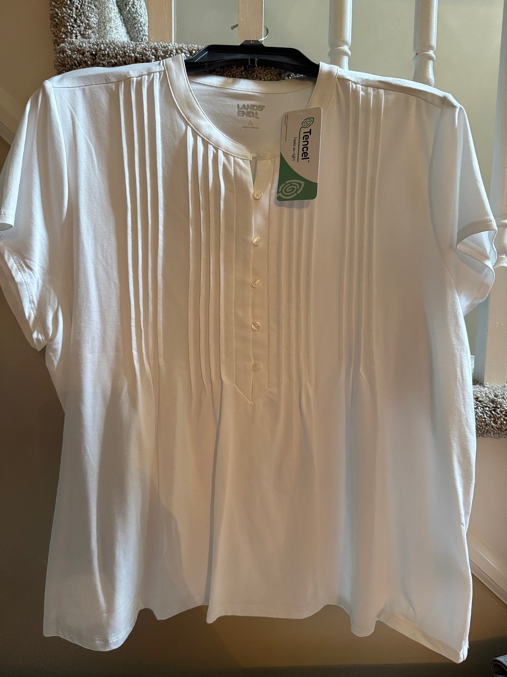 Lands' End White Pintuck Button-Front Knit Top